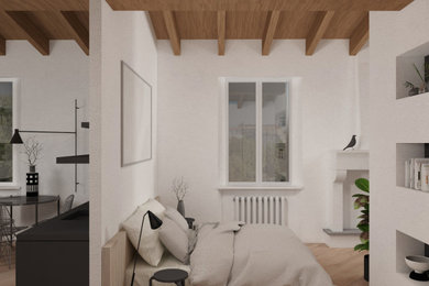 Idee per una camera da letto stile loft minimal con pareti bianche, parquet chiaro, camino classico, pavimento marrone e soffitto in legno