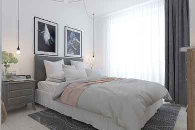 Idee per una piccola camera matrimoniale stile shabby con pareti bianche, pavimento in laminato e pavimento grigio