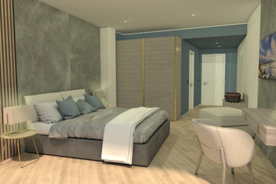 Foto de dormitorio principal actual de tamaño medio con paredes multicolor, suelo vinílico y suelo beige