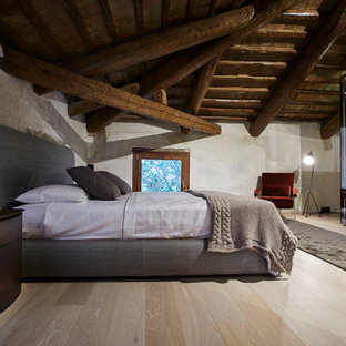 Immagine di una grande camera matrimoniale stile rurale con parquet chiaro e nessun camino