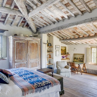 Ejemplo de dormitorio principal, de estilo de casa de campo, extra grande, con suelo de madera clara y paredes blancas