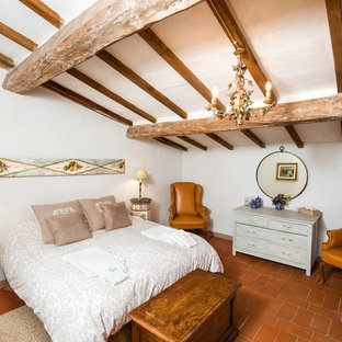 Immagine di una camera matrimoniale country di medie dimensioni con pareti bianche, pavimento in terracotta e pavimento marrone