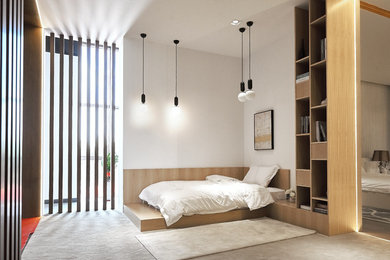 Esempio di una camera da letto design di medie dimensioni con pareti bianche, moquette e pavimento grigio