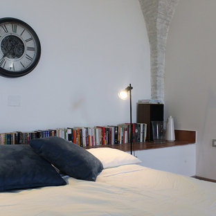 Modelo de dormitorio tipo loft, contemporáneo, de tamaño medio, con paredes blancas, suelo de baldosas de terracota y suelo rojo