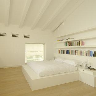Esempio di una camera da letto moderna con pareti bianche, parquet chiaro e pavimento beige