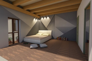 Idee per una camera da letto minimal con pareti multicolore, pavimento marrone, travi a vista e pannellatura