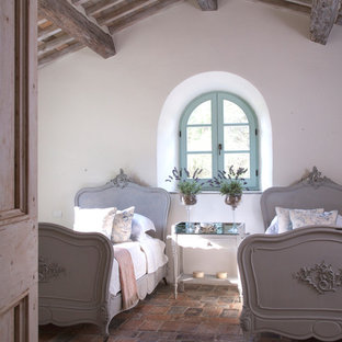 Foto de habitación de invitados rural, grande, con paredes blancas, suelo de baldosas de terracota y suelo multicolor