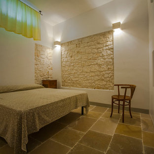Imagen de habitación de invitados campestre, de tamaño medio, con paredes blancas, suelo de piedra caliza y suelo gris
