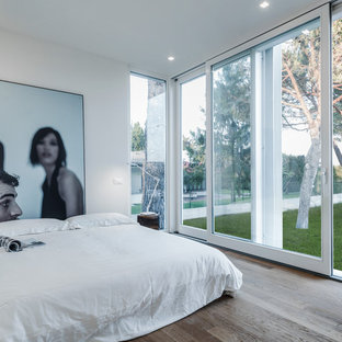 Modelo de dormitorio principal, actual, de tamaño medio, con paredes blancas y suelo de madera clara