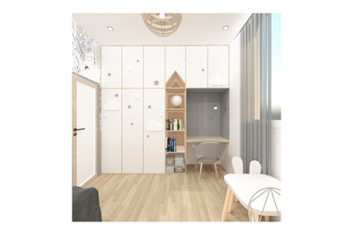 Exemple d'une chambre d'enfant de 4 à 10 ans scandinave de taille moyenne avec un mur blanc, parquet clair, un sol beige et du papier peint.