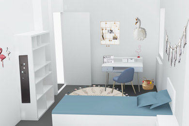 Aménagement d'une petite chambre d'enfant de 4 à 10 ans classique avec un mur blanc, un sol en carrelage de céramique et un sol gris.