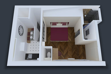 Aménagement d'une petite chambre d'amis classique avec un mur beige, parquet foncé et aucune cheminée.