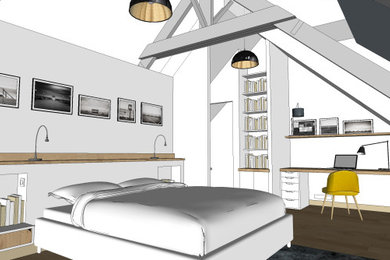 レンヌにあるコンテンポラリースタイルのおしゃれな主寝室 (白い壁、淡色無垢フローリング) のレイアウト
