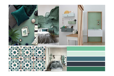 ニースにある広いおしゃれな主寝室 (緑の壁、淡色無垢フローリング、暖炉なし、茶色い床) のレイアウト