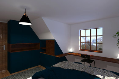 Réalisation d'une chambre mansardée ou avec mezzanine design de taille moyenne avec un mur blanc, parquet clair, aucune cheminée et un sol marron.