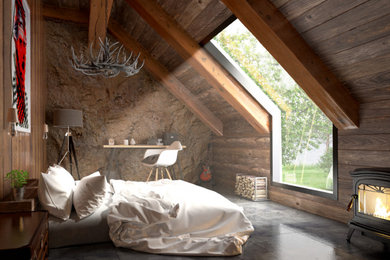 Aménagement d'une grande chambre parentale montagne avec un mur marron, un sol en carrelage de céramique, un poêle à bois, un manteau de cheminée en béton et un sol gris.