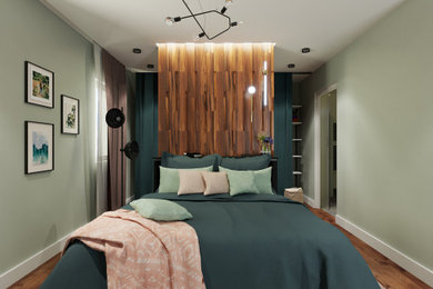 Foto de dormitorio principal contemporáneo de tamaño medio con paredes verdes, suelo de madera oscura y suelo marrón