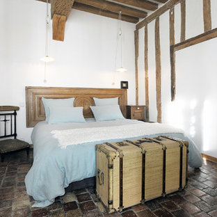 Design ideas for a midcentury bedroom in Le Havre with blue walls and terra-cotta floors.