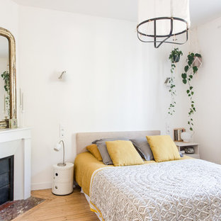 Cette photo montre une chambre scandinave avec une cheminée d'angle.