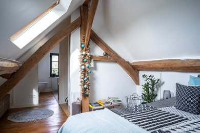 パリにあるエクレクティックスタイルのおしゃれな寝室 (白い壁、無垢フローリング、茶色い床、三角天井)