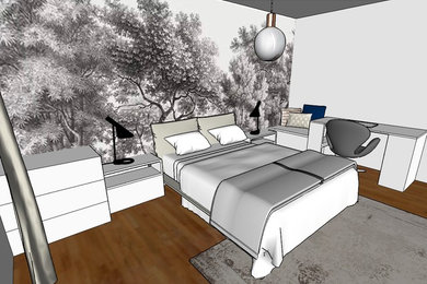 Aménagement d'une chambre parentale contemporaine de taille moyenne avec un mur blanc, parquet foncé et un sol marron.