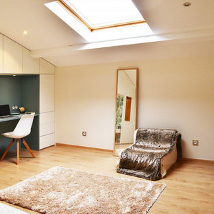 Diseño de dormitorio tipo loft, actual, de tamaño medio, sin chimenea, con paredes blancas, suelo laminado y suelo marrón