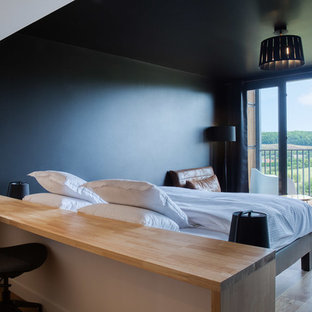 Diseño de dormitorio principal, actual, grande, con paredes negras, suelo de madera en tonos medios y suelo marrón