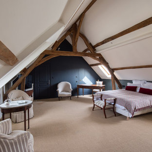 Idées déco pour une chambre avec moquette campagne avec un mur bleu et un sol beige.