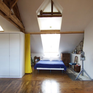 Diseño de dormitorio principal, ecléctico, pequeño, con paredes blancas y suelo de madera en tonos medios