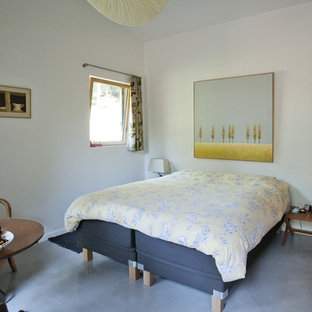 Idée de décoration pour une chambre d'amis design de taille moyenne avec un mur blanc.