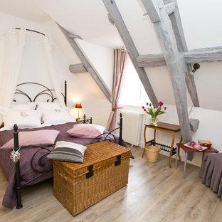 Cette image montre une chambre d'amis rustique de taille moyenne avec un mur blanc et un sol en bois clair.