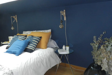 モンペリエにある広いトラディショナルスタイルのおしゃれな主寝室 (青い壁、淡色無垢フローリング、暖炉なし) のレイアウト