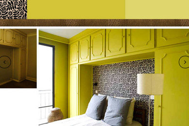 Réalisation d'une chambre parentale minimaliste de taille moyenne avec un mur jaune, parquet clair et un sol marron.