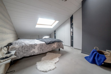 Ejemplo de dormitorio tipo loft contemporáneo con paredes negras y suelo de cemento