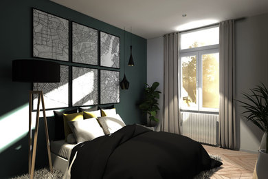 Exemple d'une petite chambre d'amis tendance avec un mur vert, parquet clair et aucune cheminée.