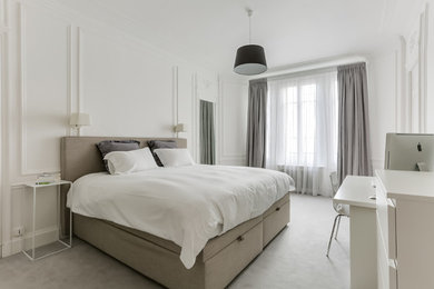 Inspiration for a large transitional master carpeted bedroom remodel in Paris with white walls
