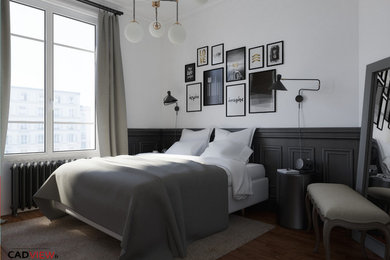 Foto de dormitorio principal retro de tamaño medio sin chimenea con paredes blancas y suelo de madera clara