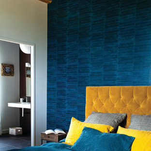 Example of a mid-sized trendy master bedroom design in Lyon with blue walls
