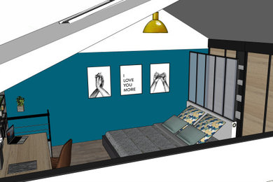 他の地域にある中くらいなインダストリアルスタイルのおしゃれなロフト寝室 (青い壁、淡色無垢フローリング、暖炉なし、茶色い床、クロスの天井) のレイアウト