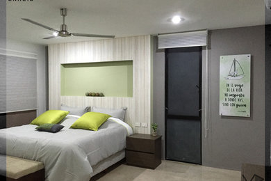 Photo of a large traditional master bedroom in Other with green walls, concrete flooring and no fireplace.