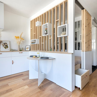 Exempel på ett litet modernt huvudsovrum, med vita väggar och plywoodgolv