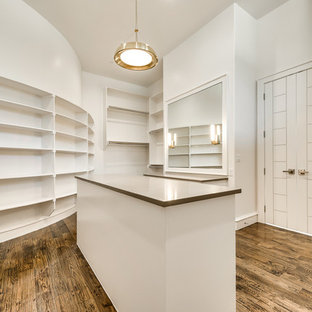 Inspiration för ett stort medelhavsstil walk-in-closet för könsneutrala, med skåp i shakerstil, vita skåp och mörkt trägolv