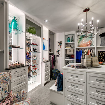 Inspiration for a transitional women's carpeted dressing room remodel in Oklahoma City with white cabinets and recessed-panel cabinets