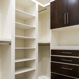 Ejemplo de armario vestidor unisex, nórdico, extra grande, con armarios con paneles lisos, puertas de armario de madera en tonos medios, suelo de madera oscura y suelo marrón
