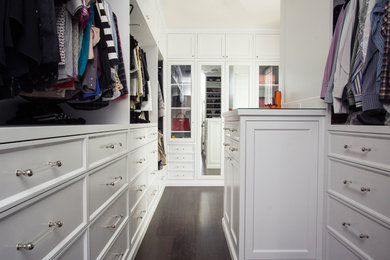 Walk-in closet - large transitional medium tone wood floor walk-in closet idea in Los Angeles with white cabinets and recessed-panel cabinets