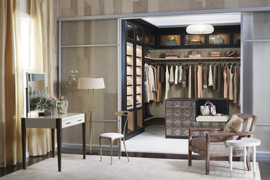 Design ideas for a large classic walk-in wardrobe for women in San Francisco with open cabinets and carpet.