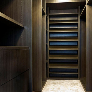 Idee per una piccola cabina armadio unisex stile americano con nessun'anta, ante in legno bruno, pavimento beige e moquette
