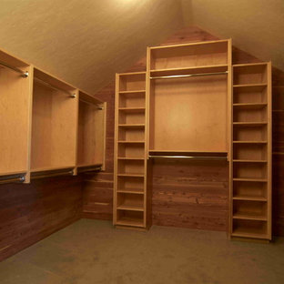 Idee per una grande cabina armadio unisex rustica con nessun'anta, ante marroni e moquette