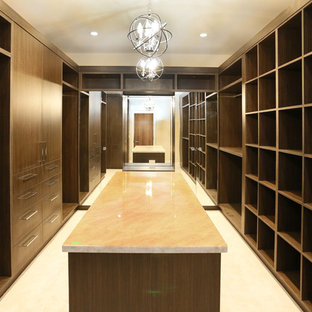 Modelo de armario vestidor unisex, asiático, extra grande, con armarios abiertos, puertas de armario de madera en tonos medios y moqueta