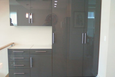 Diseño de armario unisex moderno de tamaño medio con armarios con paneles lisos, puertas de armario grises y suelo de madera clara